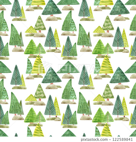 Hand drawn watercolor fir tree seamless pattern. Illustration of evergreen trees isolated on white background. Can be used for textile, fabric, scrapbook and other printed products. 122589841