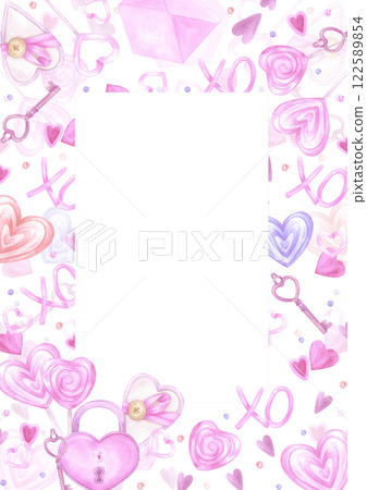 Hand drawn watercolor St. Valentine postcard frame border. Illustration of hearts and keys isolated on white background. Can be used for postcard, cover, scrapbook and other printed products. 122589854