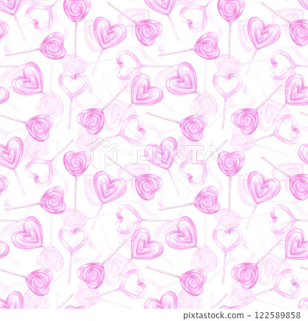 Hand drawn watercolor St. Valentine seamless pattern. Illustration of heart lollypops isolated on white background. Can be used for textile, fabric, scrapbook and other printed products. 122589858