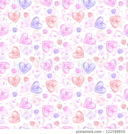 Hand drawn watercolor St. Valentine seamless pattern. Illustration of heart sweets isolated on white background. Can be used for textile, fabric, scrapbook and other printed products. Hand drawn watercolor St. Valentine seamless pattern. Illustration of heart sweets isolated on white background. Can be used for textile, fabric, scrapbook and other printed products. 122589859