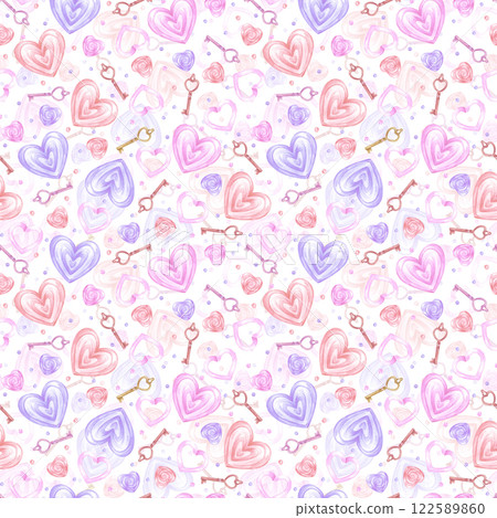 Hand drawn watercolor St. Valentine seamless pattern. Illustration of heart sweets and keys isolated on white background. Can be used for textile, fabric, scrapbook and other printed products. 122589860