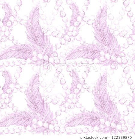 Carnival pink feather with pearls seamless pattern. Hand drawn watercolor masquerade illustration isolated on white background. Can be used for textile, fabric, scrapbook and other printed products. Carnival pink feather with pearls seamless pattern. Hand drawn watercolor masquerade illustration isolated on white background. Can be used for textile, fabric, scrapbook and other printed products. 122589870
