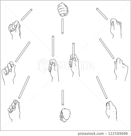 一組描繪一隻手握著棍子的插圖。黑白向量插圖。 122589896