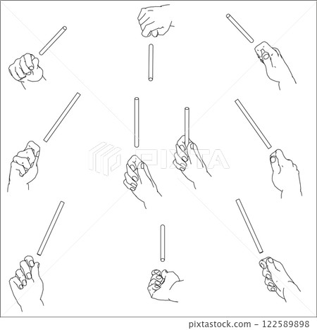一組描繪一隻手握著棍子的插圖。黑白向量插圖。 122589898