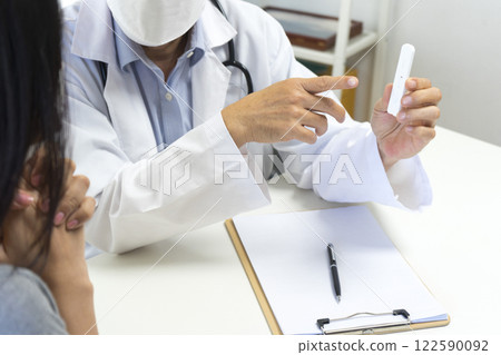 Male doctor show Rapid Antigen Test kit with Negative result to female patient. 122590092