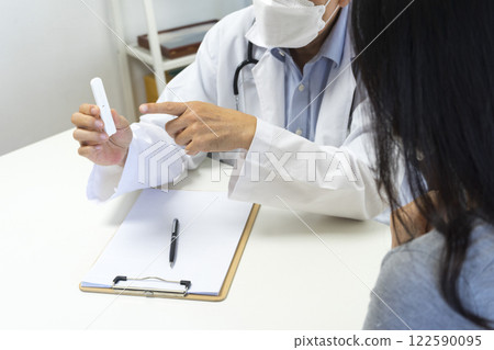 Male doctor show Rapid Antigen Test kit with Negative result to female patient. Male doctor show Rapid Antigen Test kit with Negative result to female patient. 122590095