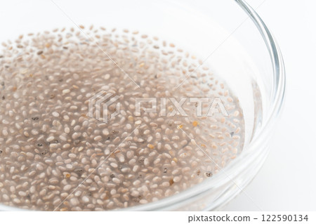 Close-up of white chia seeds soaked in water Close-up of white chia seeds soaked in water 122590134