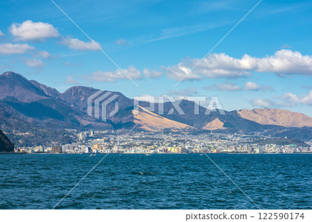 A view of the Beppu cityscape and Mount Tsurumi seen from Beppu Bay A view of the Beppu cityscape and Mount Tsurumi seen from Beppu Bay 122590174
