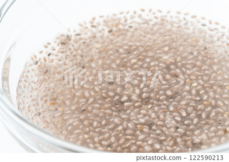 Close-up of white chia seeds soaked in water 122590213
