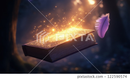 Floating Magic Book With Glowing Sparks and Feather in an Enchanted Forest Setting 122590574