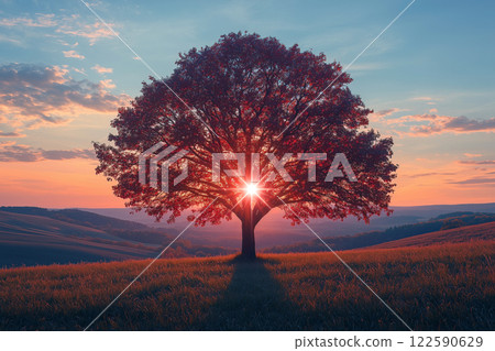 A beautiful tree illuminated by the setting sun 122590629