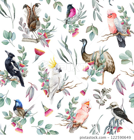 Australian birds watercolor illustration seamless pattern. Hand drawn cockatoo, kookaburra, magpie, emu with eucalyptus branches, flowers decor on white background. Perfect for textiles and decor 122590649