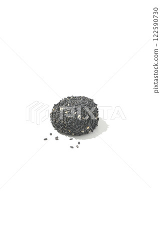 Black sesame balls photographed on a white background 122590730