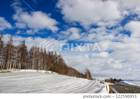 Blue skies and fields sprayed with snow-melting agent Blue skies and fields sprayed with snow-melting agent 122590953