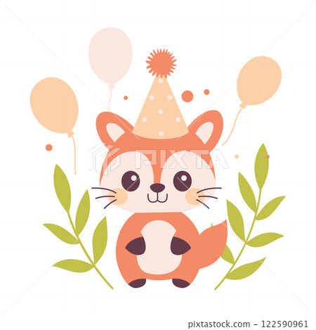 Happy Cute Fox Animal Cartoon Character Wearing Cone Hat Celebrating Birthday Party with Confetti 122590961