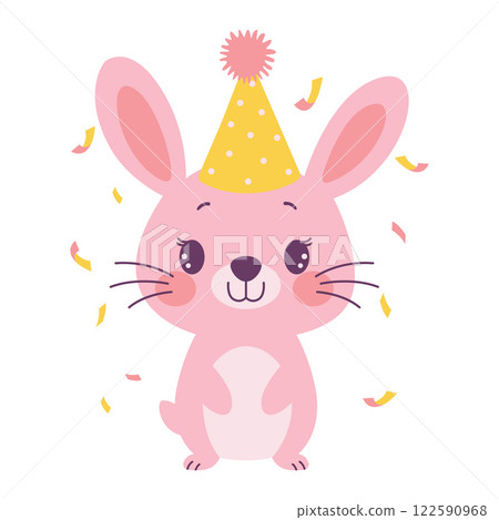 Happy Cute Pink Rabbit Animal Cartoon Character Wearing Cone Hat Celebrating Birthday Party Happy Cute Pink Rabbit Animal Cartoon Character Wearing Cone Hat Celebrating Birthday Party 122590968