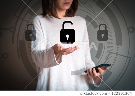 Girl holds a mobile phone and takes care of data security. Girl holds a mobile phone and takes care of data security. 122591364