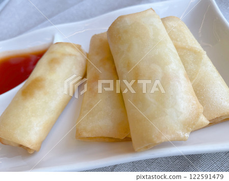 Vegetarian spring roll with cabbage on plate with sauce. Asian cuisine. Healthy Eating. Vegetarian spring roll with cabbage on plate with sauce. Asian cuisine. Healthy Eating. 122591479