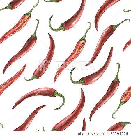 Seamless pattern with red hot chili pepper. Watercolor illustration is hand drawn in botanical style in red green shades. For design wallpaper, fabric, paper, packaging, textile, shoppers, tablecloths Seamless pattern with red hot chili pepper. Watercolor illustration is hand drawn in botanical style in red green shades. For design wallpaper, fabric, paper, packaging, textile, shoppers, tablecloths 122591906