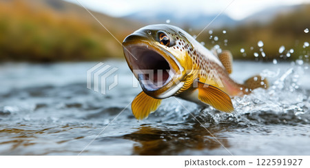 Brown trout jumping out of river, showcasing its vibrant colors and energy Brown trout jumping out of river, showcasing its vibrant colors and energy 122591927