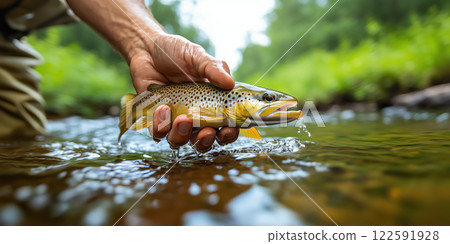 Person holding brown trout in river, enjoying nature beauty 122591928