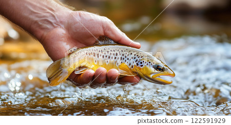 Person holding brown trout in river, showcasing successful catch Person holding brown trout in river, showcasing successful catch 122591929