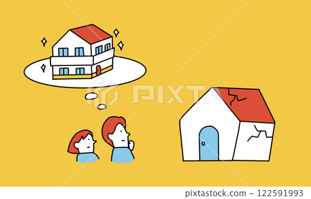 Illustration of a man and woman thinking about rebuilding or renovating their house 122591993