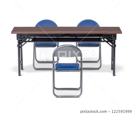 A scene with a long table and metal chairs. Image of an interview or three-way meeting. 122591999