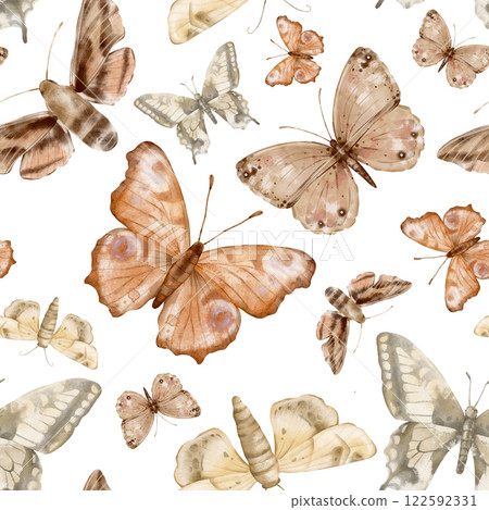 Brown and beige butterflies in vintage style on a isolated background, seamless pattern. Watercolor illustration. For fabric,textiles, wallpaper, wrapping paper, wrappers, covers, prints, clothing. Brown and beige butterflies in vintage style on a isolated background, seamless pattern. Watercolor illustration. For fabric,textiles, wallpaper, wrapping paper, wrappers, covers, prints, clothing. 122592331