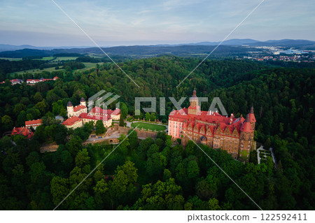 Aerial View of Historic Ksiaz Castle Surrounded by Forest 122592411