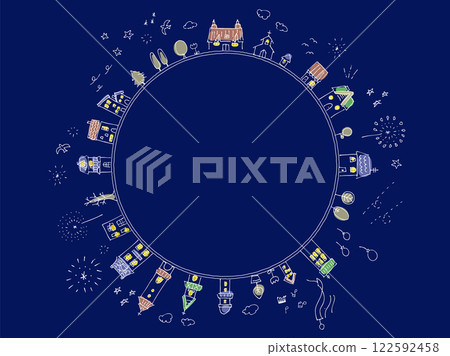 手繪斯堪的納維亞風格街景圓框，海軍藍色 122592458