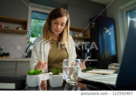 Stressed woman managing bills and finances at home Stressed woman managing bills and finances at home 122592467