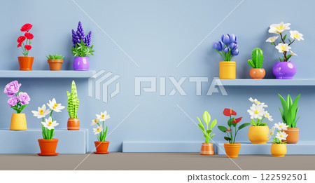 3d Interior design of living room with shelves of flowers pots on light blue wall background render. Greenhouse, floral plants with green leaves on floor. Florist shop, home or office. 3D illustration 3d Interior design of living room with shelves of flowers pots on light blue wall background render. Greenhouse, floral plants with green leaves on floor. Florist shop, home or office. 3D illustration 122592501