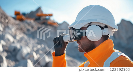 Futuristic smart hard hat with digital technology in construction site 122592503