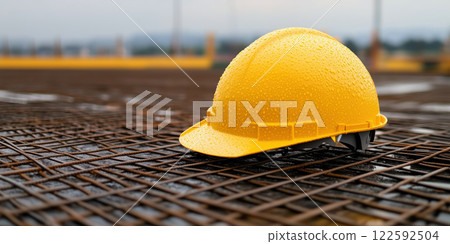 yellow hard hat with raindrops on it rests on construction site yellow hard hat with raindrops on it rests on construction site 122592504