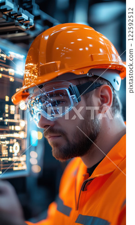 High tech worker in orange safety gear using digital technology 122592512
