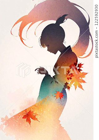 Watercolor art: Woman in kimono, autumn leaves 122592930