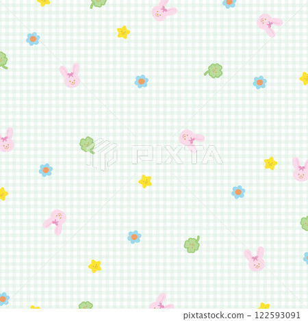 Vector illustration of pink bunny, clover leaf, flowers on pastel blue plaid background for lucky wallpaper, backdrop, animal print, spring and summer, happy easter, duvet, pyjamas, kid pattern, pet Vector illustration of pink bunny, clover leaf, flowers on pastel blue plaid background for lucky wallpaper, backdrop, animal print, spring and summer, happy easter, duvet, pyjamas, kid pattern, pet 122593091