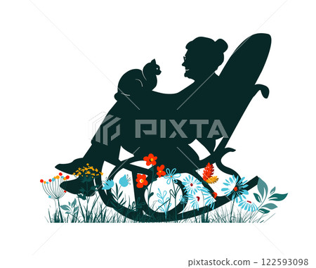 Grandma on a rocking chair with a cat. Old woman on retirement sitting in wooden rocking chair . hand drawn. Not AI, Vector illustration 122593098