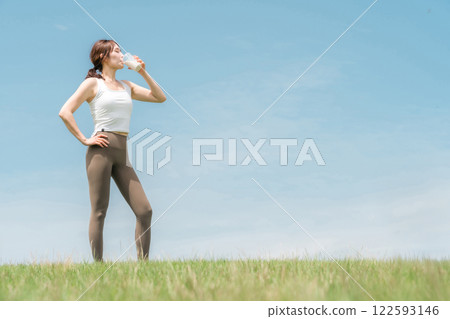 Woman drinking protein/EAA drink during exercise (blue sky) Woman drinking protein/EAA drink during exercise (blue sky) 122593146