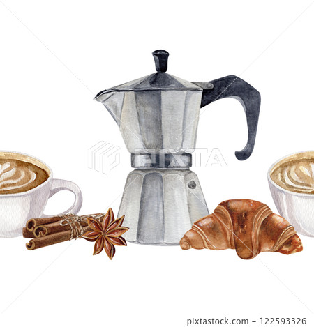 Watercolor seamless border with geyser metal coffee maker, cup of coffe, crispy croissant, cinnamon sticks and anise 122593326