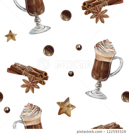 Watercolor seamless pattern with rish coffee with cream foam and cinnamon in a glass mug, cinnamon sticks, anises, coffee bubbles and stars Watercolor seamless pattern with rish coffee with cream foam and cinnamon in a glass mug, cinnamon sticks, anises, coffee bubbles and stars 122593328