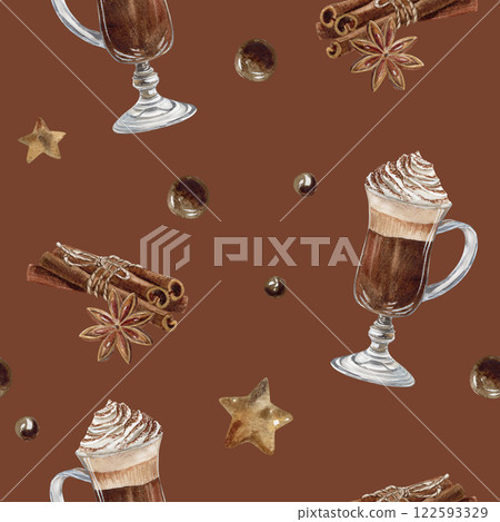 Watercolor seamless pattern with rish coffee with cream foam and cinnamon in a glass mug, cinnamon sticks, anises, coffee bubbles and stars Watercolor seamless pattern with rish coffee with cream foam and cinnamon in a glass mug, cinnamon sticks, anises, coffee bubbles and stars 122593329