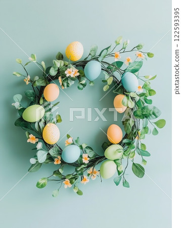 Easter wreath with green leaves and pastel eggs...-插圖素材 [122593395 ...