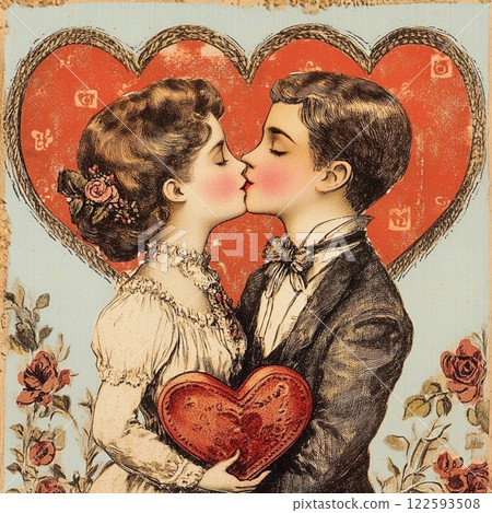 Vintage antiques postcard,with a red heart and rabbits for a couple in love, a gift for a girl's birthday card, wedding card, atmosphere of love devotion happiness romance nostalgia 122593508