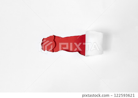 Top view of white ripped paper with red background. Mockup. Copy space. Presentation or template. Flat lay 122593621