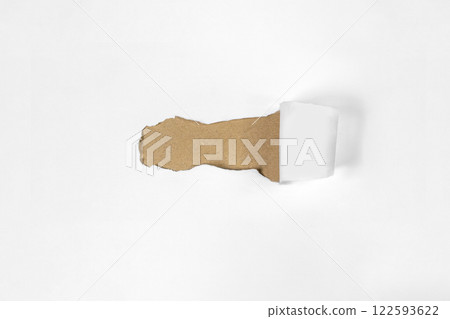 Top view of white ripped paper with brown background. Mockup. Copy space. Presentation or template. Flat lay 122593622