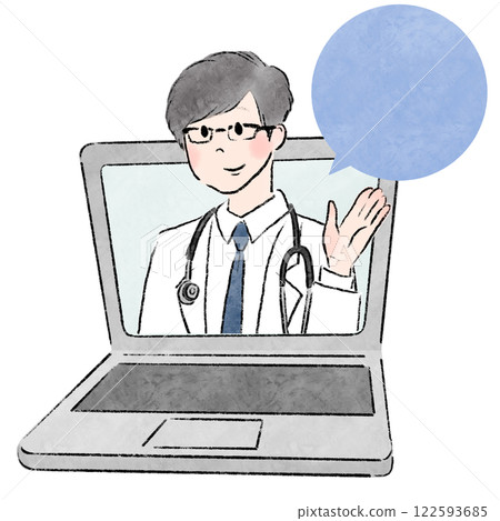 An illustration depicting an online medical consultation with a laptop, a male doctor, and a speech bubble An illustration depicting an online medical consultation with a laptop, a male doctor, and a speech bubble 122593685