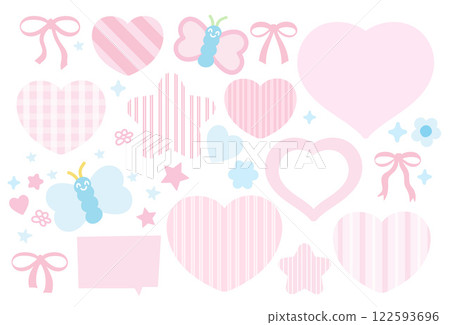 Pastel vector illustrations of butterfly, ribbon, hearts, stars for Valentine card, love sign, logo, icon, background, backdrop, wallpaper, sticker, text bubbles, animals, text, message, decoration	 122593696