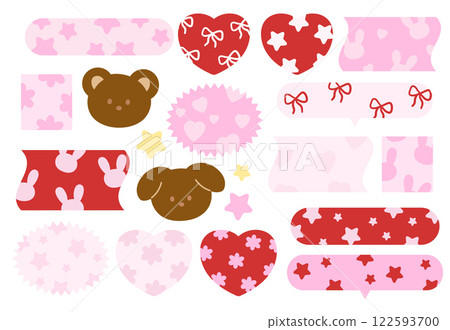 Vector illustrations of teddy bear, puppy, ribbon, heart pattern for cartoon characters, comic, text bubbles, pet shop, vet, zoo, souvenir shop, animal, text, message, chat, stickers, Valentine's Day 122593700